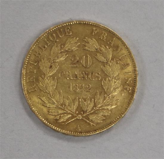 A French 20 Franc gold coin, 1852A, 6.45g, GVF